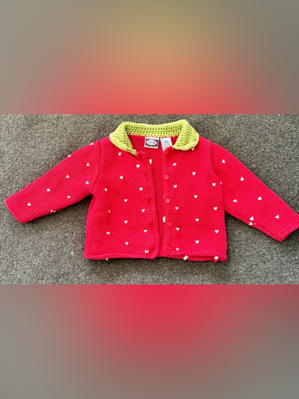 Koala Kids Red Knit Cardigan with Green Crochet Collar